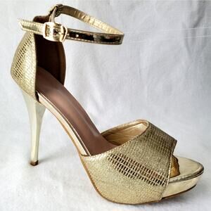 Gold Sparkle Shimmer High Platform Heel Ankle Strap Sandal 9 Prom Hoco Cocktail